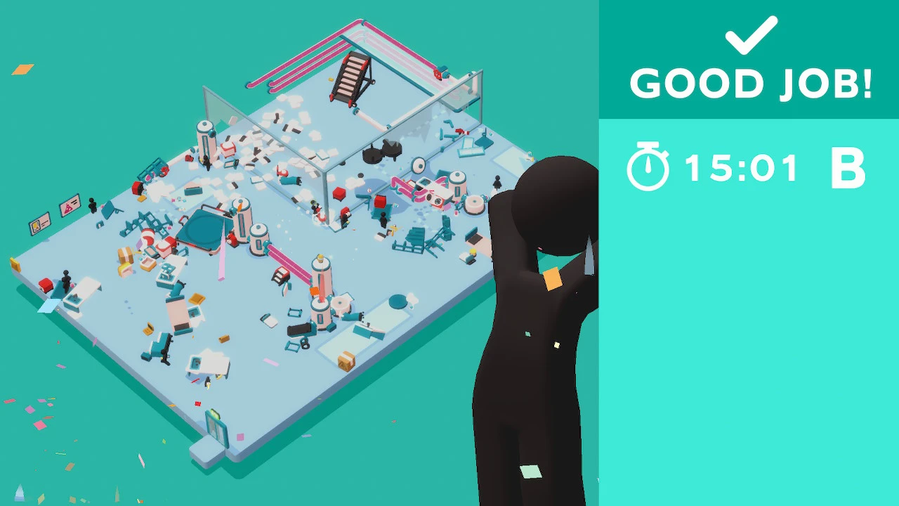 Good Job! Rating Man with hands behind head with office in the background. Checkmark with a B ranking.