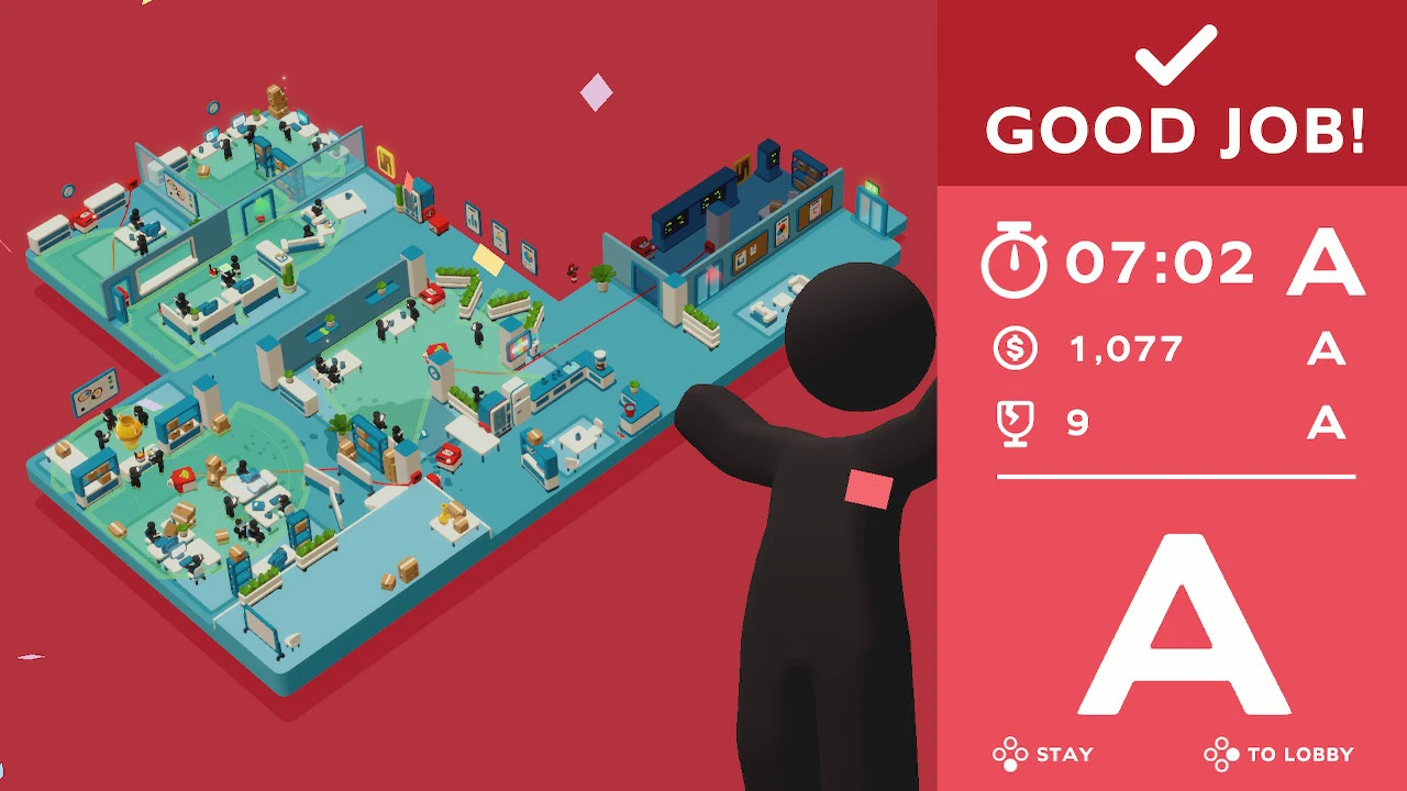 Good Job! with A grade. Red background with image of entire office layout, excited man with A rating and score information to the right.