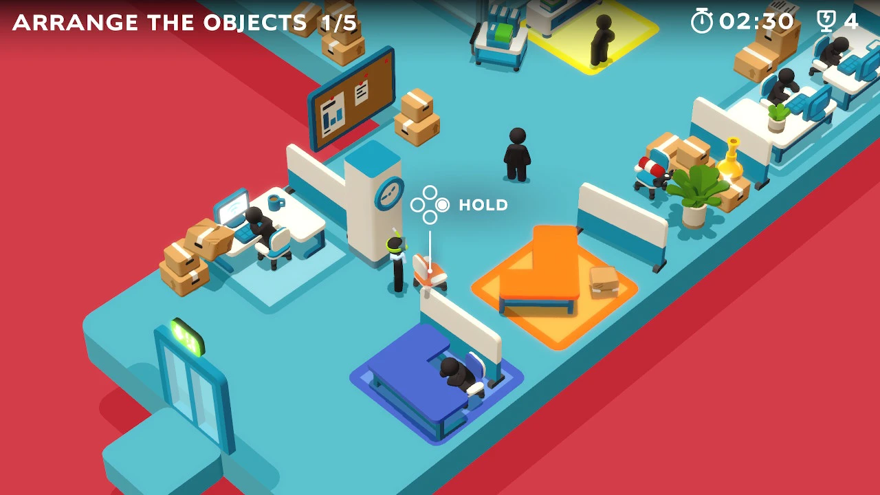 Menial Office Task Basic office space with color coded floors, chairs, and desks.