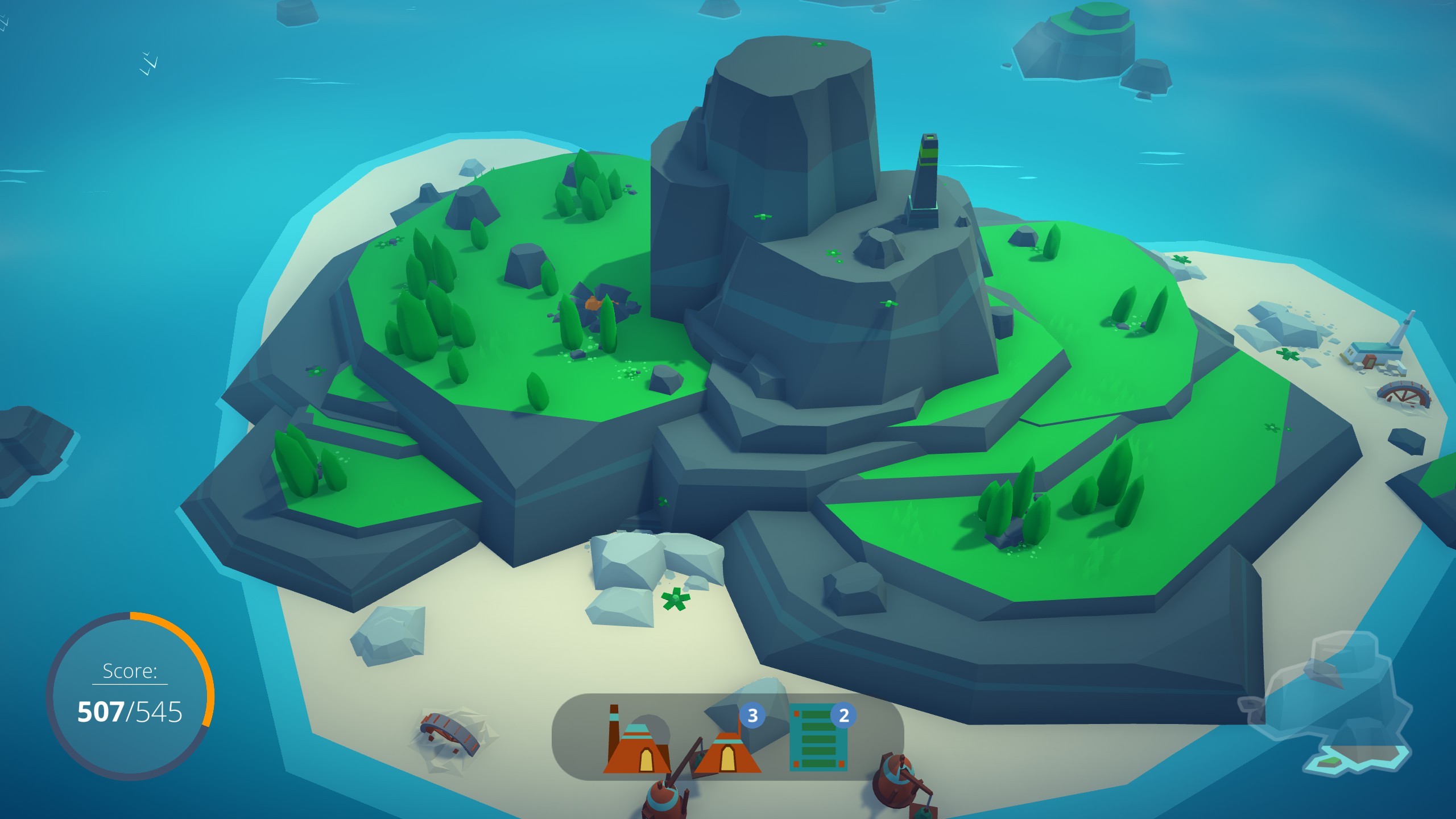 An overview of the Island in Islanders The building options for the city building tiles are shown on the bottom of the screen