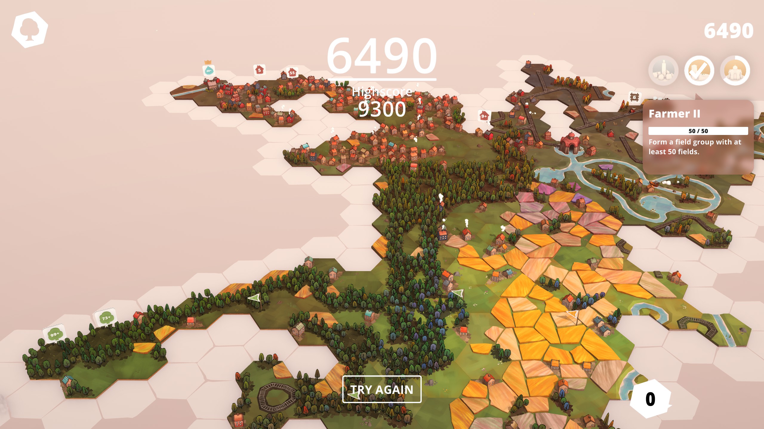And end game configuration in Dorfromantik Showing the sprawl of a Dorfromantik board with rivers, housing, forest, and fields.