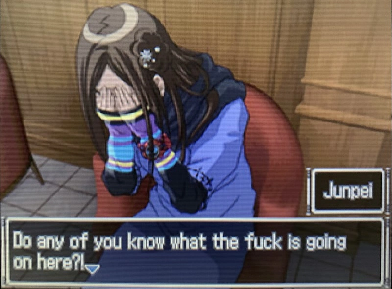 Junpei’s asking the right questions here. Woman crying. A man asks “Do any of you know what the fuck is going on here?!”