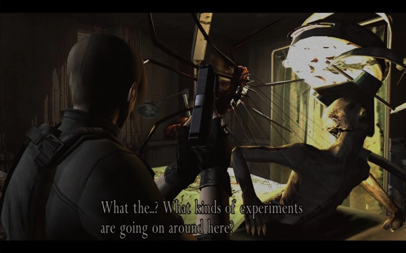 Leon finds a human experiment, says “What the...? What kinds of experiments are going on around here?”