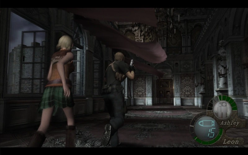 Leon and Ashley running down a hallway.