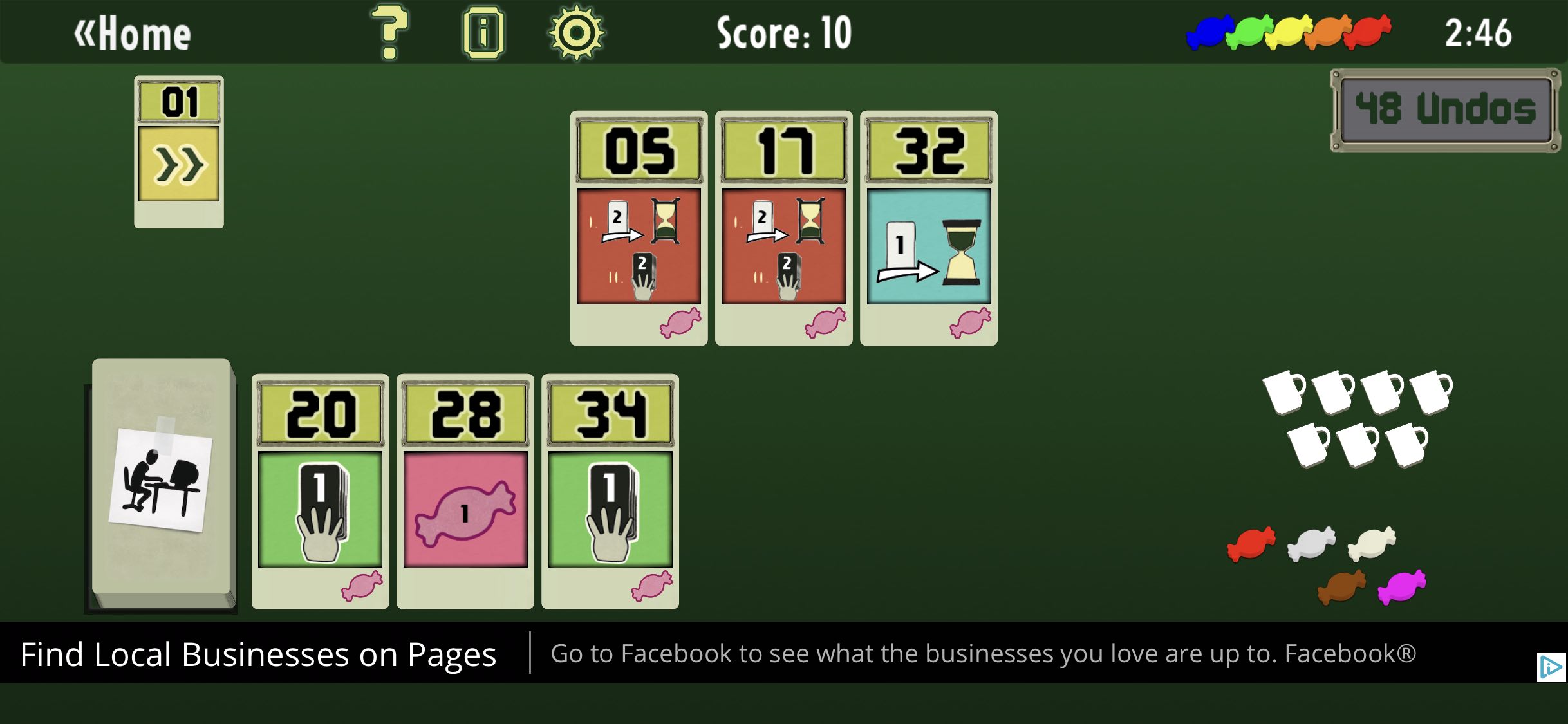 Finished! Board Game Board An example of the Finished! board game state. 20, 28, 34 are in the discard pile, 05, 17, 32 are in the tableau and 01 is in the Ace Pile. Resources are to the right.