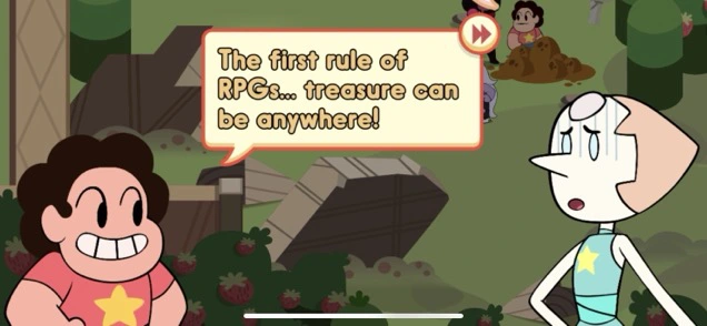 The perfect introductory RPG. Image of Steven telling Pearl, "The first rule of RPGs...treasure can be anywhere!"