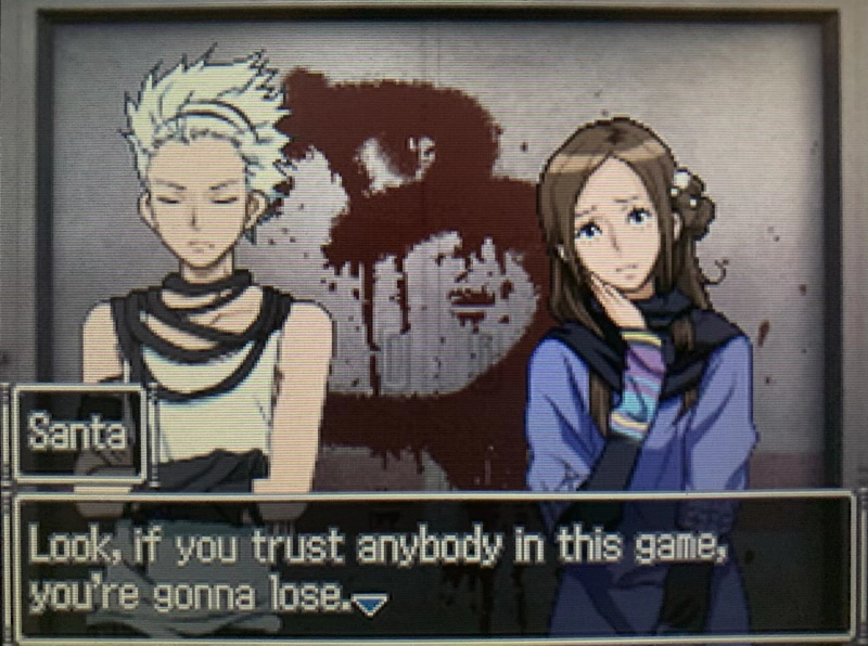 Go team! A man and woman standing in front of a door with a big red 3. Man says “Look, if you trust anybody in this game, you’re gonna lose.”