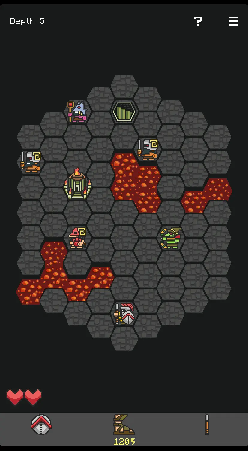 Levels are randomized, and increasingly challenging. Image of a game level. The hoplite soldier is at the bottom, and the level is filled with enemies and lava. There is one upgrade shrine and one staircase leading to the next level.