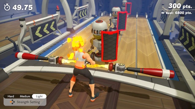 One of many mini-games in Ring Fit Adventure. Picture of the player character holding a double-sided baseball bat while robots advance on her.