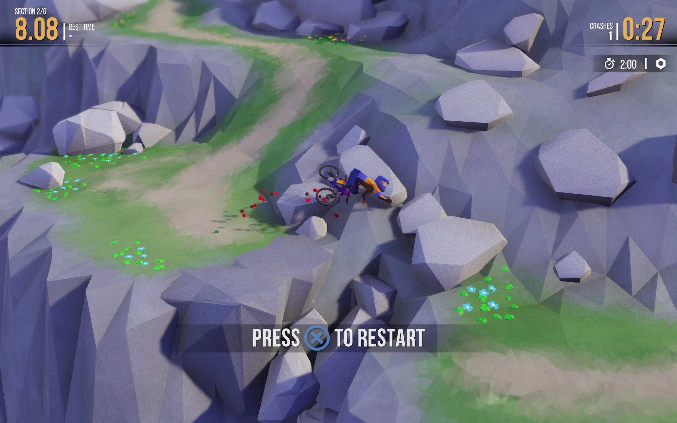 Crashing A player and bike being thrown into the rocks with red voxels spilling everywhere.