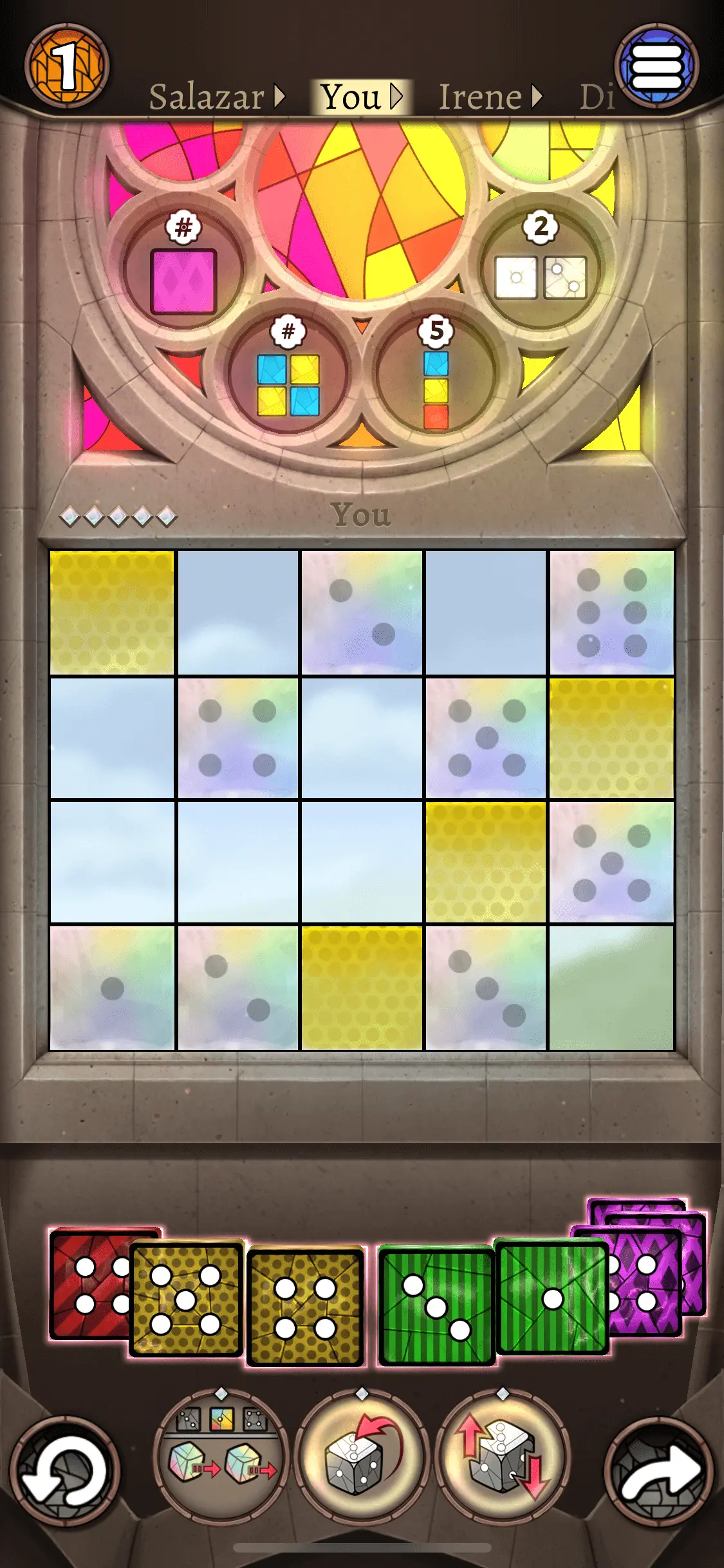 Accessibility On Sagrada Game with Accessible Colors Turned on (patterns on the colors)