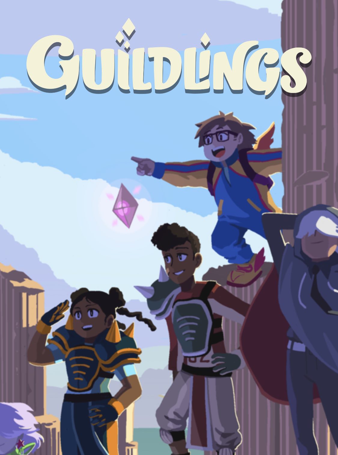 The Guildlings title screen Four characters are pictured among ruins with the Guildlings title above them.