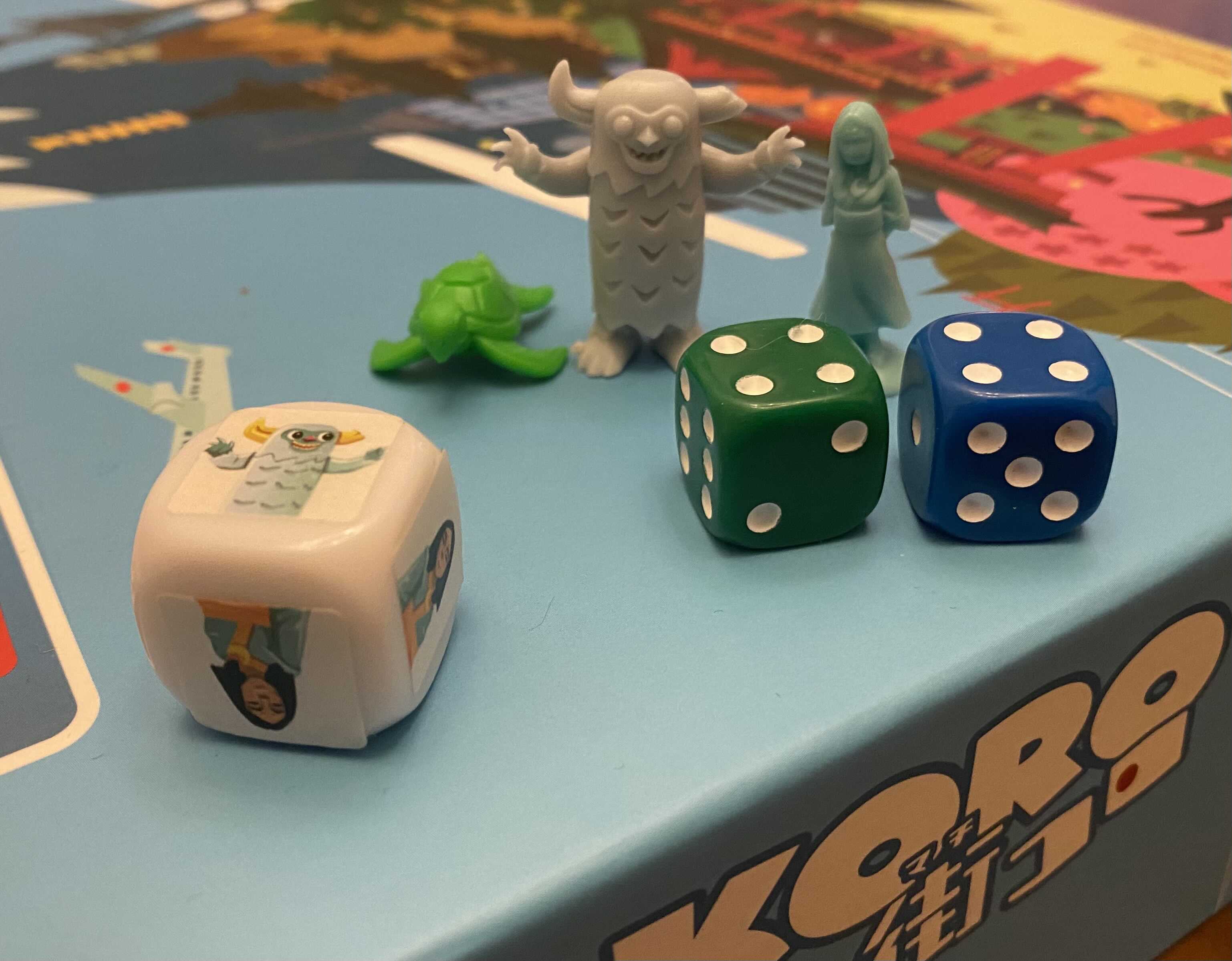 The visitors from Machi Koro Left to right: A sea Turtle, an Oni, and a princess