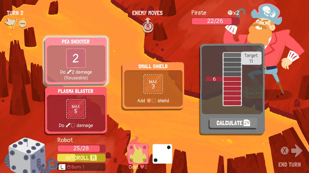 Battle Screen The robot, in the lower left corner, battles the pirate, in the upper right. The robot's equipment are on display.