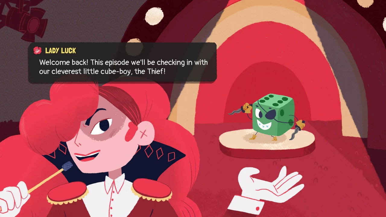 Lady Luck taunts the Thief. The thief is in the top right on a stage with a spotlight on him, lady luck in the bottom left taunts him.