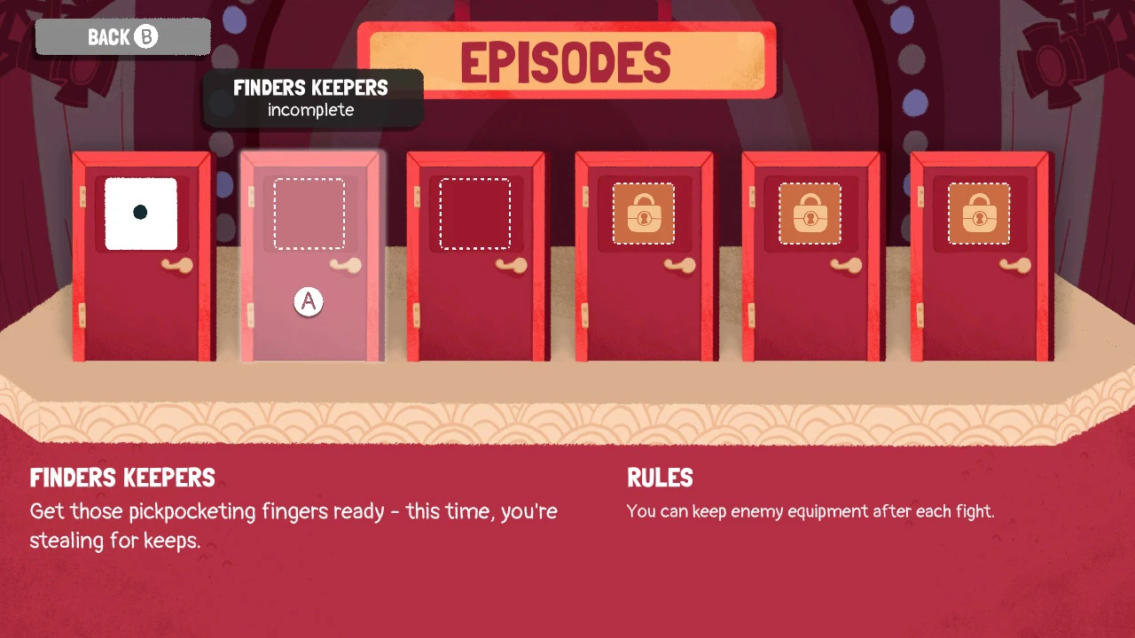 Episode Select Screen The episode select screen with 6 doors is displayed. The second door from the left is highlighted.