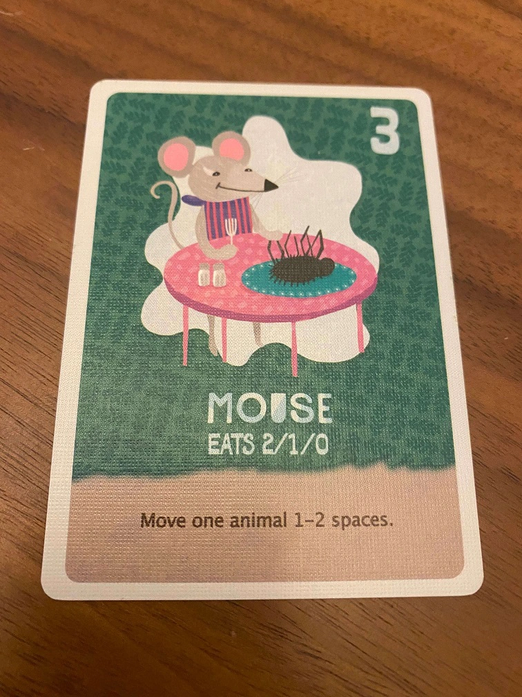 A single land creature. The 3 card is displayed. It is a mouse eating an ant. The ability text reads "Move on animal 1-2 spaces".