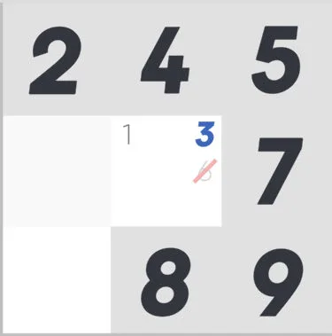 A good sudoku house with regular, bold, and crossed out notations.