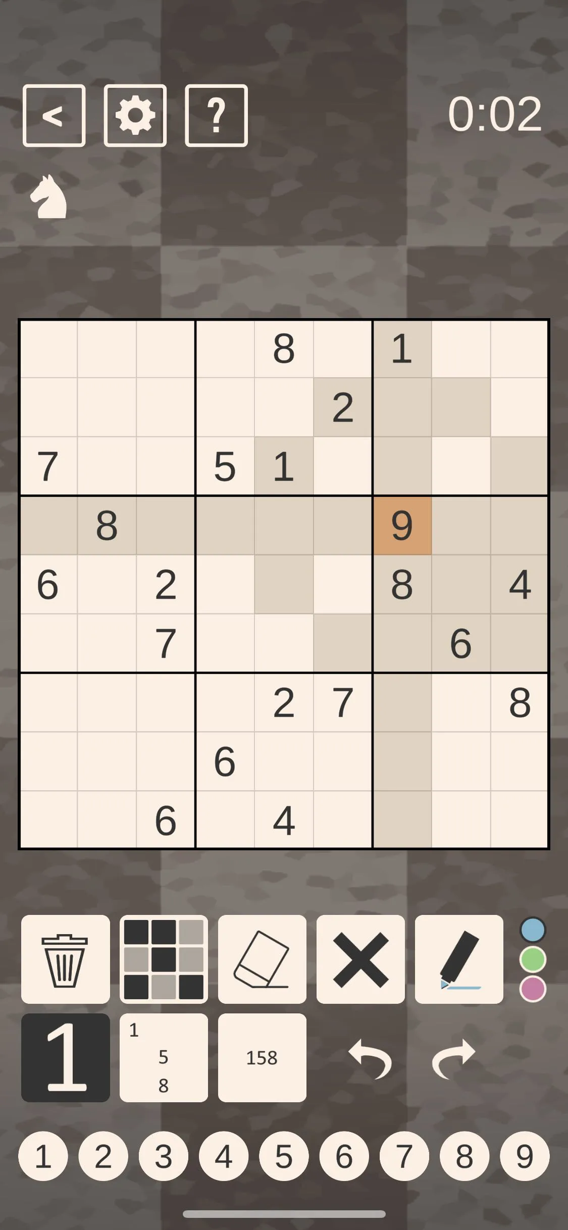 The Chess Sudoku Screen with 9 Highlighted The Chess Sudoku Screen with 9 Highlighted in the 3rd house (top left).