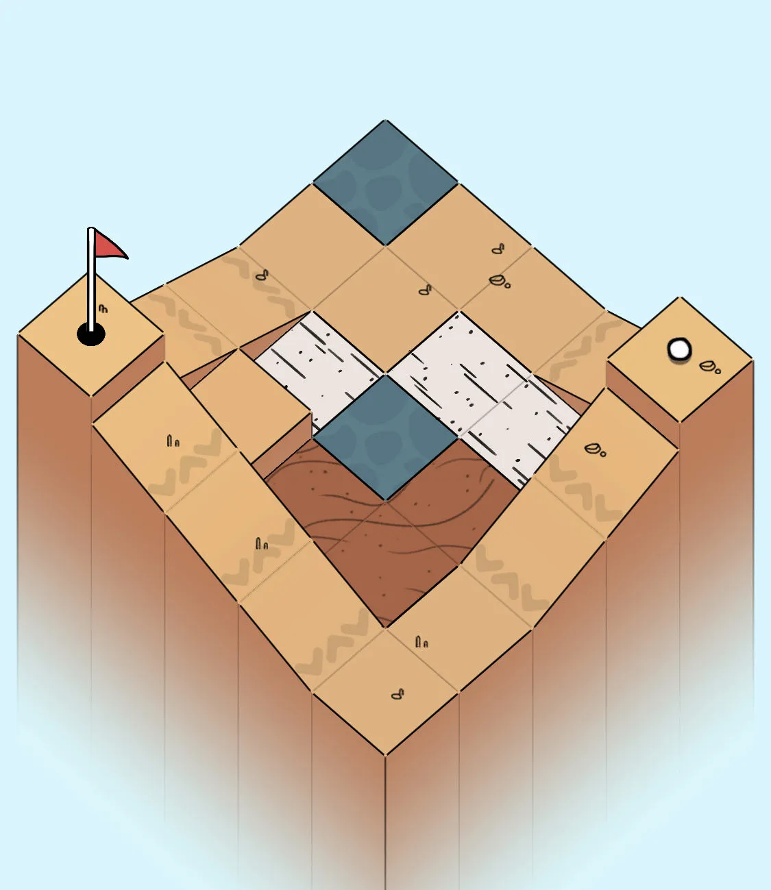 A Golf Peaks Board A golf peaks board in the center of the screen. Mostly tan tiles with slopes towards the bottom, and a cliff on either side.