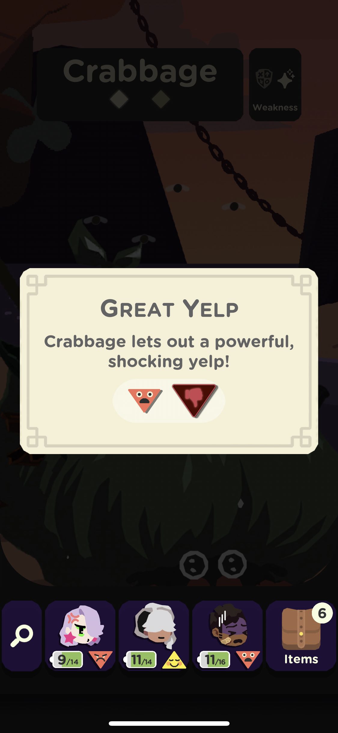 Battle screen as you face down a Crabbage.