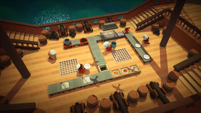 Screenshot of Overcooked! Chefs preparing food on a wooden ship. 