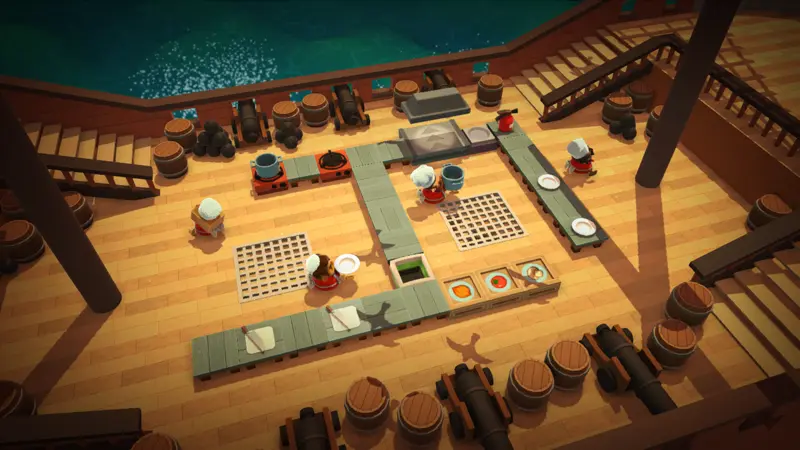 Working together is good for your mental health. Screenshot of Overcooked! Chefs preparing food on a wooden ship.