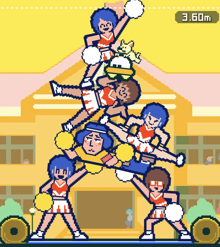You stack all kinds of things. A stack of cheerleaders making a lopsided pyramid. An man is stabilizing the center, looking uncomfortable.