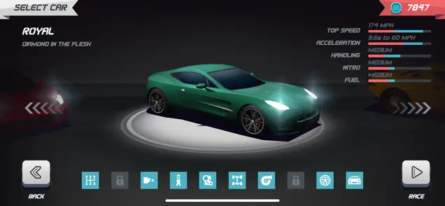 Picture of a car titled "Royal," with a listing of its stats.