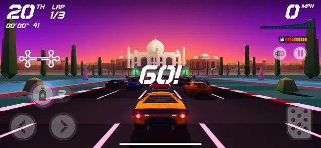 Picture of a car at the start line, behind all of its competitors. The Taj Mahal looms ahead.