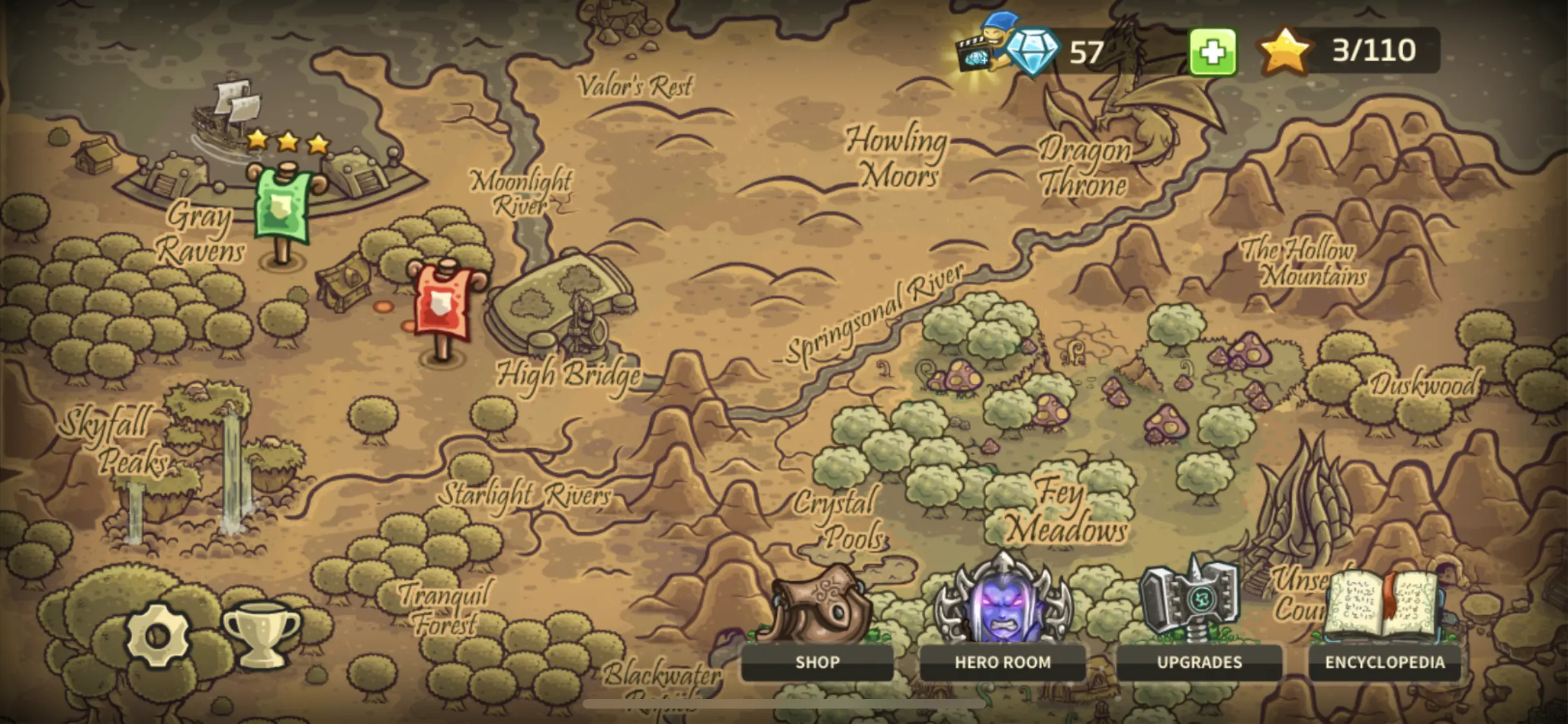 Kingdom Rush: Origins Map A map displaying the different levels of kingdom rush with icons in the lower left allowing player acations.