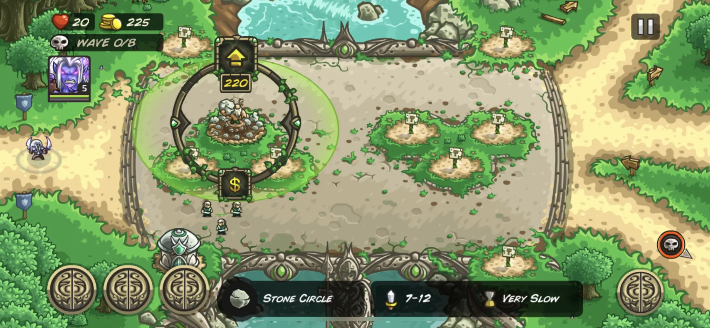 Upgrade Tower Level map showing a tower selected with the ability to upgrade for 200 gold