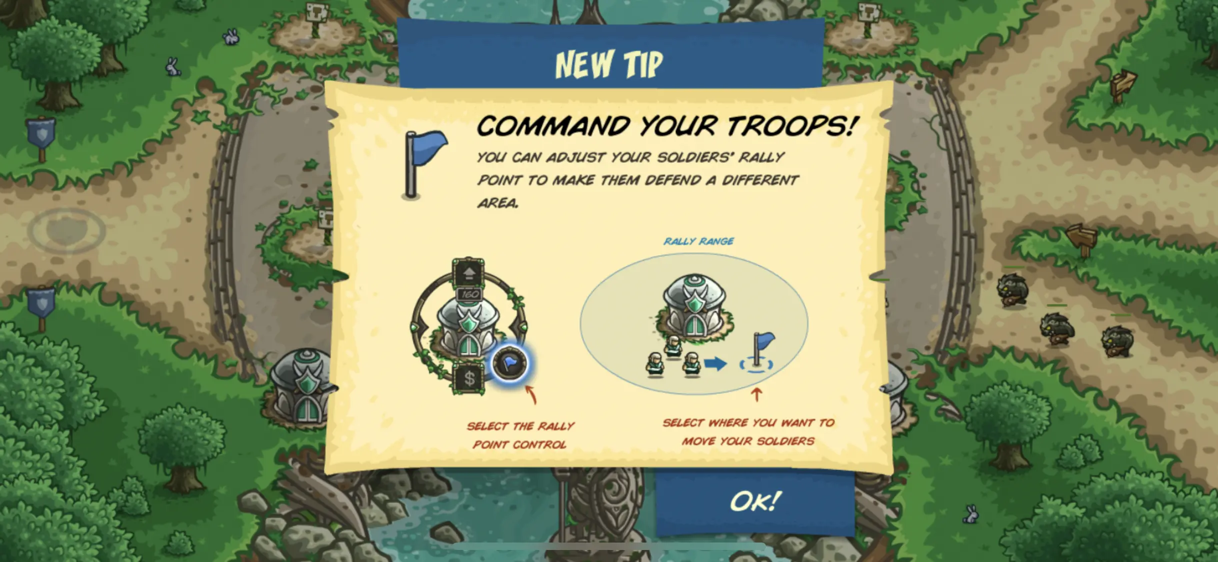 Command Your Troops Tip A modal with information about how to move troops around the screen