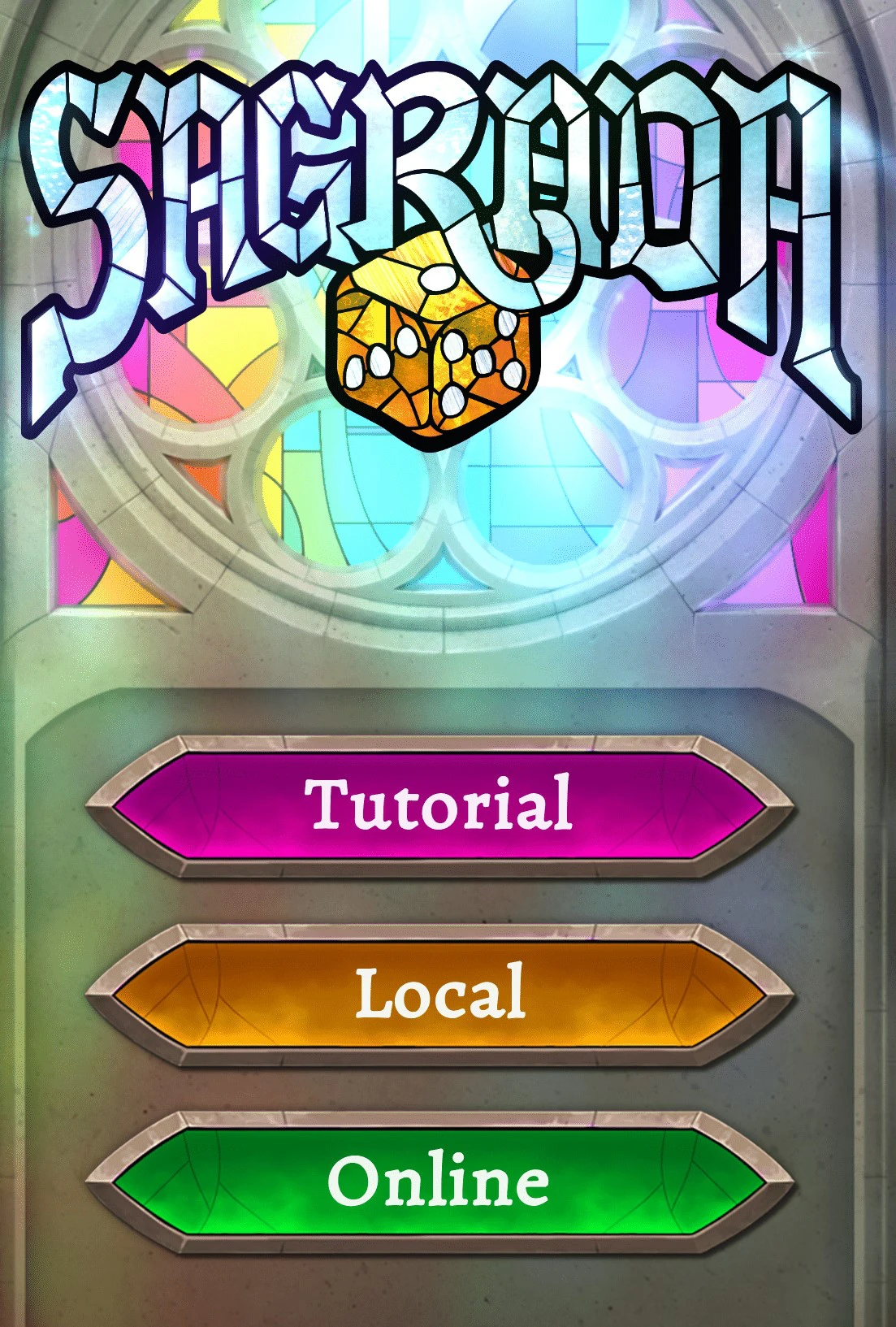 Sagrada Welcome Screen sagrada primary menu with tutorial, local, and online options