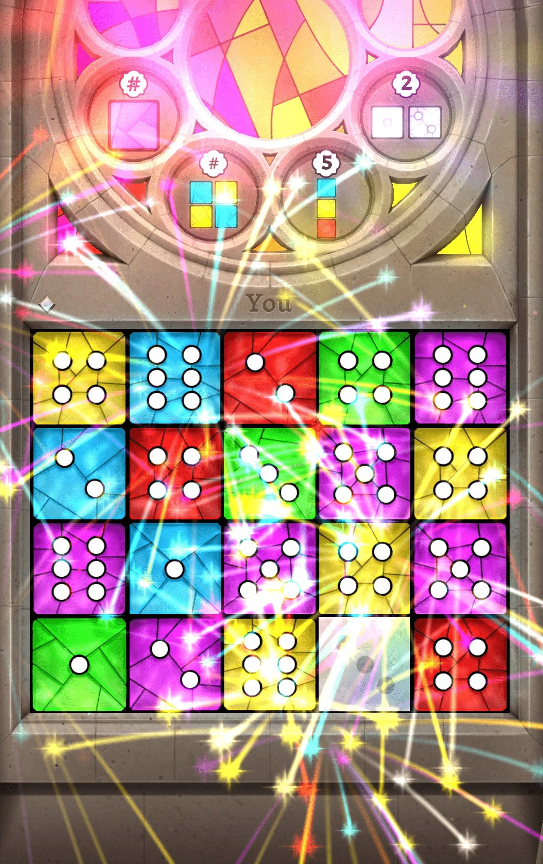 End Game Screen fireworks shooting out from the dice grid to signify the game has ended