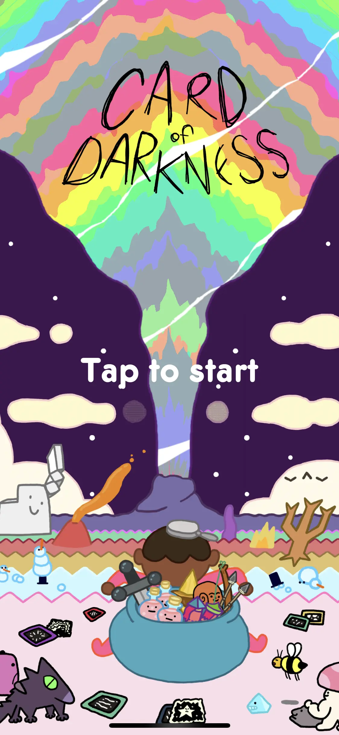 Title Screen Card of Darkness Title Screen - An image of the adventurer in front of a multi-colored rainbow with cards and characters surrounding them