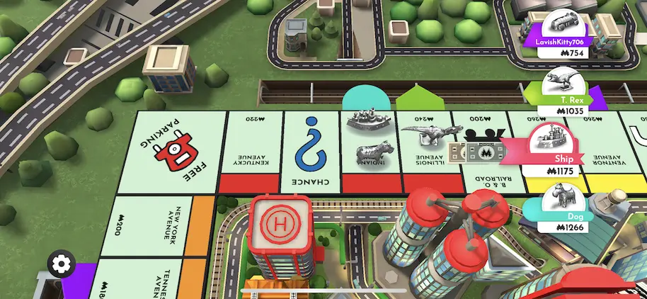 Movin' Along The top left corner of the board, with the T-Rex, the Dog, and the Battleship