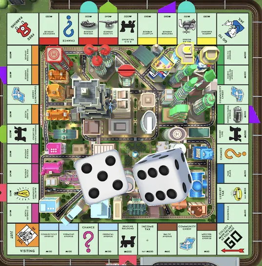 Monopoly Board and Dice Monopoly app board with two dice in the center