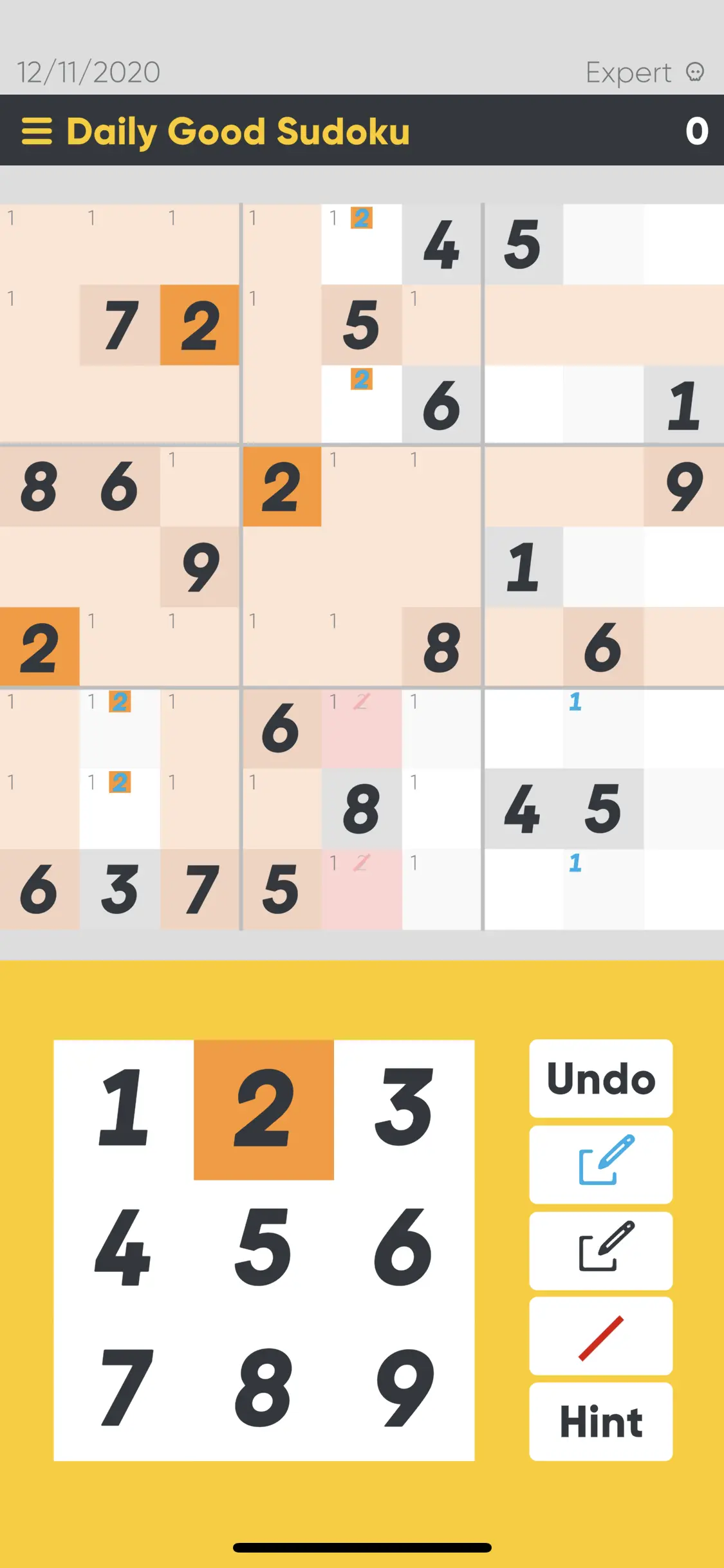 Good Sudoku Display Good Sudoku board in yellow, with #2 selected, some are crossed out, some numbers are selected.