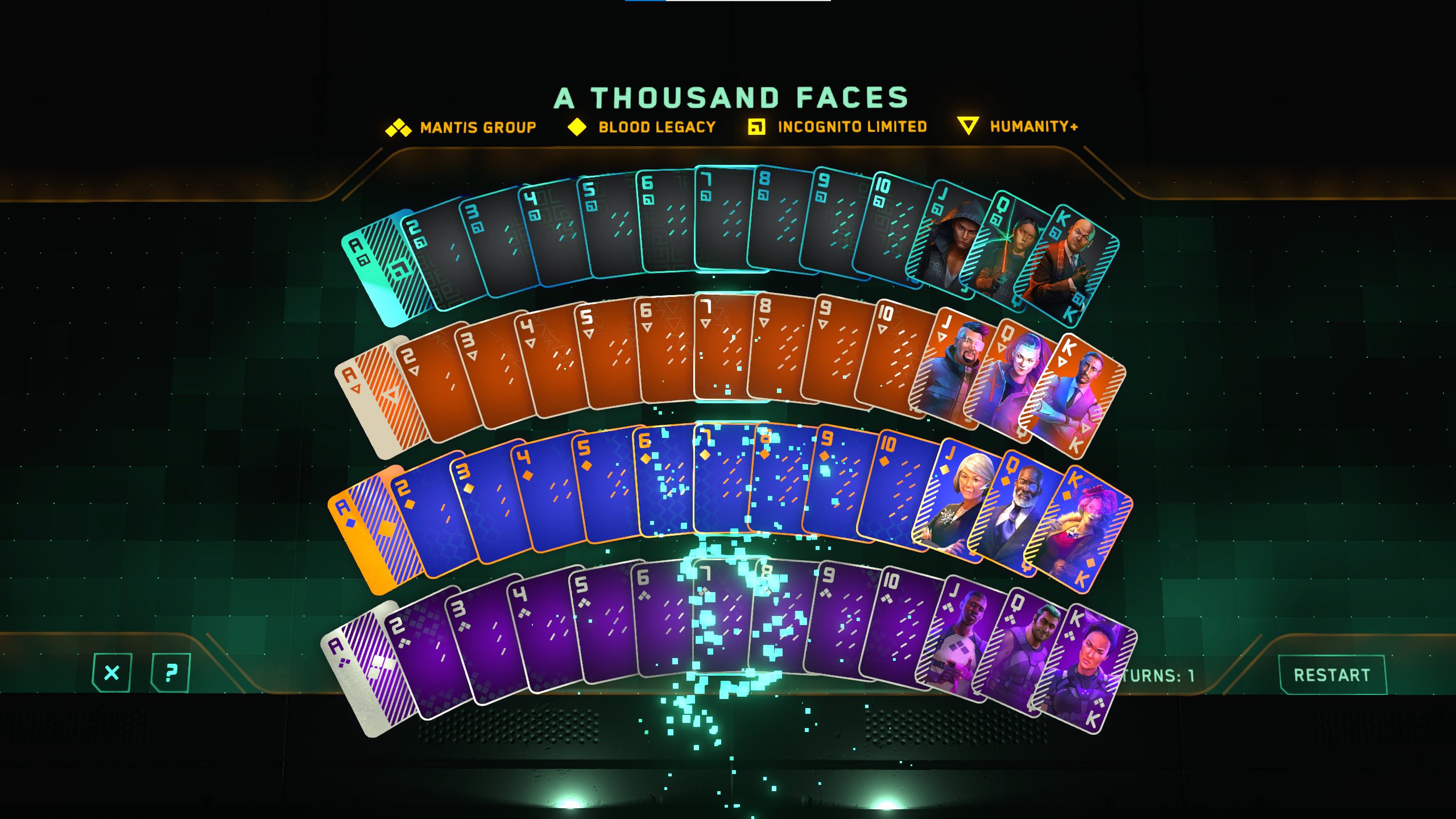 The game end screen Four suits are shown top to bottom under the "A Thouse Faces" level title