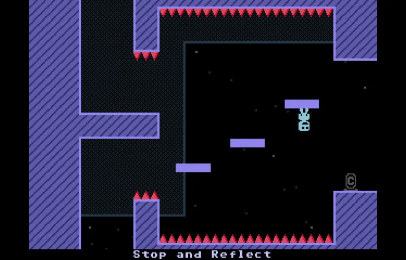 Image of Viridian standing on a platform upside-down, surrounded by spikes.