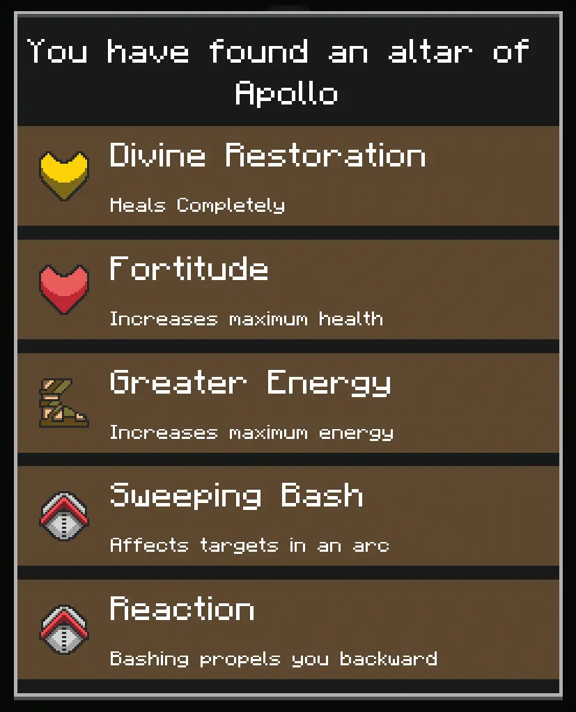 Each upgrade altar gives you different upgrade options. Menu of upgrade options for your hoplite. Reads: "You have found an altar of Apollo." Upgrades available are "Divine Restoration, heals completely." "Fortitude, increases maximum health." "Greater Energy,increases maximum energy." "Sweeping Bash, affects targets in an arc." "Reaction, bashing propels you backward."